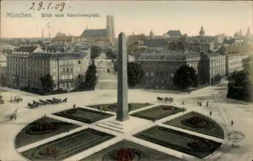 Ak München, Blick vom Karolinenplatz, Obelisk, Pferdefuhrwerke