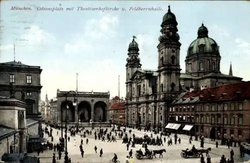 Ak München Bayern, Odeonsplatz mit Theatinerhofkirche und Feldherrnhalle