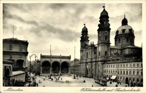 Ak München Bayern, Feldherrnhalle mit Theatinerkirche, Straßenbahn