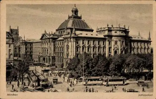 Ak München, Blick zum Justizpalast, Straßenbahnen