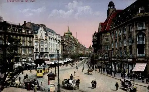 Ak Frankfurt am Main, Zeil, Straßenbahn, Kutsche, Geschäfte