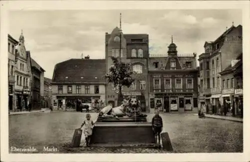 Ak Eberswalde im Kreis Barnim, Marktplatz, Geschäfte, Brunnen