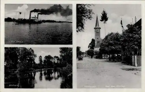 Ak Söllingen Pfinztal am Kraichgau, Dampfer auf dem Rhein, Altrhein, Kirche