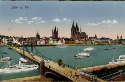 Ak Köln am Rhein, Teilansicht, Brücke, Straßenbahn, Dampfer