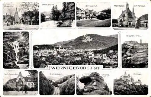 Ak Wernigerode im Harz, Westerntor, Marktplatz, Rathaus, Brocken, Gymnasium, Brockenbahn, Ottofels