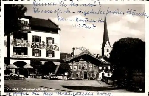 Ak Garmisch Partenkirchen in Oberbayern, Bräustüberl mit Hotel Husar