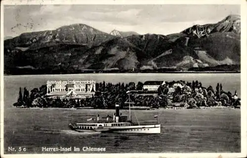 Ak Herrenchiemsee Herreninsel Chiemsee Oberbayern, Gesamtansicht, Dampfer