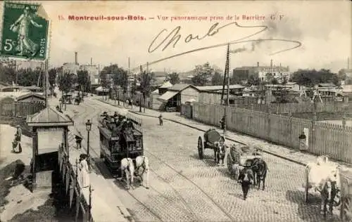 CPA Montreuil sous Bois Seine Saint Denis, vue panoramique prise de la Barriere, Pferdebahn