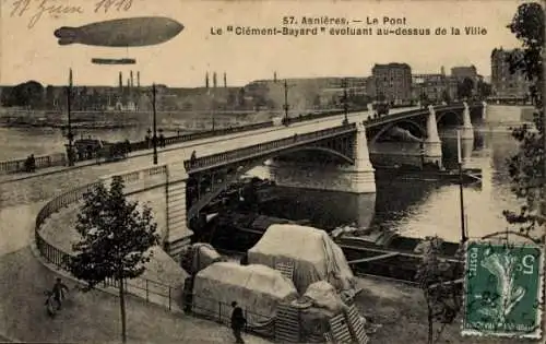 Ak Asnières sur Seine Hauts-de-Seine, Das Luftschiff "Clement- Bayard" überquert die Brücke