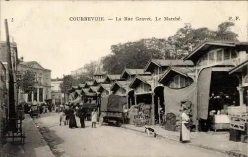 Ak Courbevoie Hauts de Seine, Rue Gravet, Straßenszene mit Marktständen