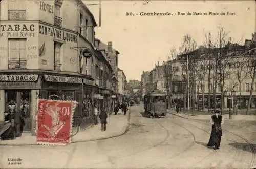 Ak Courbevoie Hauts de Seine, Rue de Paris, Place du Port, Straßenbahn, Hotel, Geschäfte, Passanten