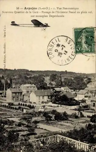 Ak Arpajon Essonne, Neues Viertel des Bahnhofs, Flugzeug Aviateur Pascal, Monoplan Deperdussin