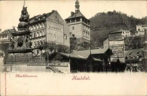 Ak Karlovy Vary Karlsbad Stadt, Partie am Marktbrunnen, Geschäfte Otto Thoma, M. Schreiber