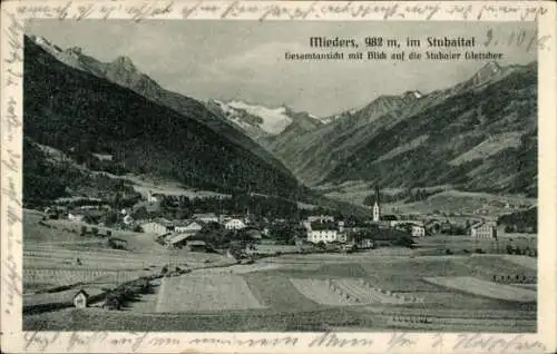 Ak Mieders im Stubaital Tirol, Gesamtansicht, Stubaier Gletscher