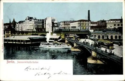 Ak Berlin Mitte, Jannowitzbrücke, Straßenbahn, Salondampfer an der Dampferstation