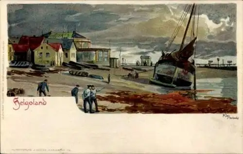 Künstler Litho Kley, Helgoland, Seeleute am Strand, Boot