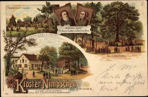 Litho Nimbschen Böhlen Grimma, Klosterruine, Gastwirtschaft, Luther, Lutherlinde, Gartenlaube