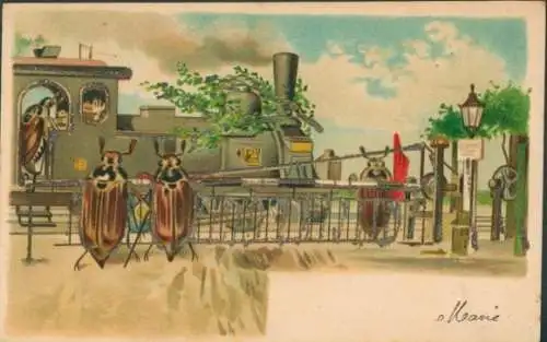 Glitzer Litho Vermenschlichte Maikäfer, Bahnübergang, Dampflokomotive