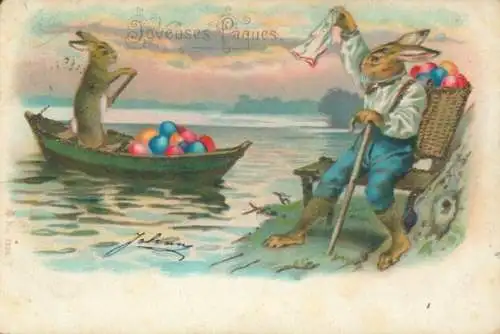 Glitzer Litho Frohe Ostern, Osterhasen, Ruderboot, Ostereier