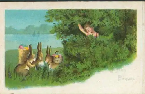 Litho Glückwunsch Ostern, Osterhasen, Neugieriges Kind