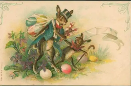 Litho Ostern, Osterhase, Ostereier, Weidenkätzchen, Blumen