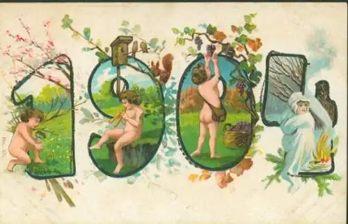 Litho Jahreszahl 1904, Kinder, Jahreszeiten, Blumen, Ernte, Lagerfeuer