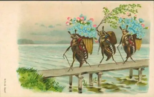 Litho Maikäfer tragen Körbe mit Blumen, Brücke