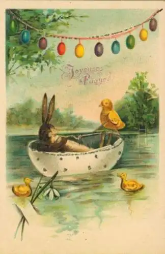 Litho Glückwunsch Ostern, Küken und Osterhase im Ruderboot, Ostereier