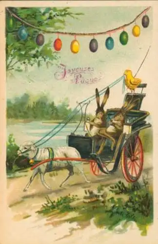 Litho Glückwunsch Ostern, Osterhasen, Kutsche, Küken, Lamm, Ostereier