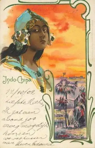 Glitzer Litho Indochina, Frau in Volkstracht