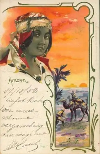 Glitzer Litho Araberin in Tracht, Maghreb, Kamel