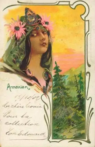 Glitzer Litho Armenien, Frau in Tracht, Haarschmuck