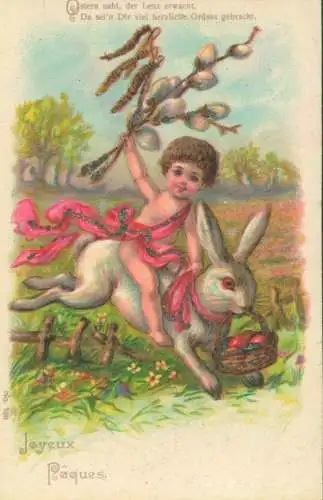 Glitzer Litho Glückwunsch Ostern, Kind auf Osterhasen reitend, Weidenkätzchen