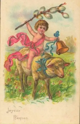 Glitzer Litho Glückwunsch Ostern, Kind, Lamm, Glocke, Weidenkätzchen