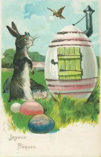 Glitzer Litho Frohe Ostern, Osterhasen, Eierhaus