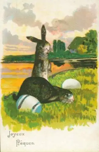 Litho Glückwunsch Ostern, Osterhasen, Ostereier, Wiese