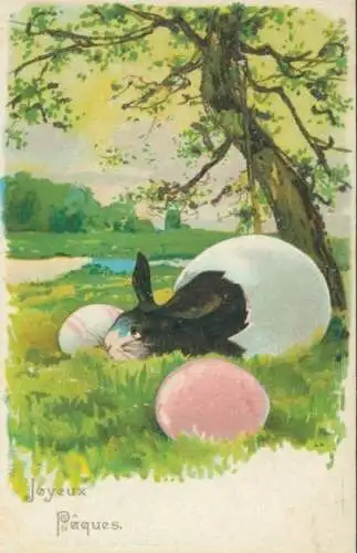 Glitzer Litho Frohe Ostern, Osterhase, Ostereier, Wiese