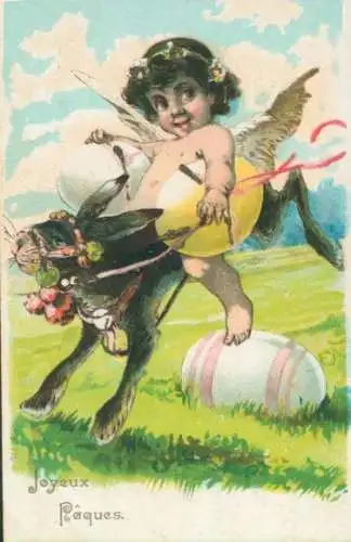 Litho Frohe Ostern, Engel reitet auf Osterhasen, Ostereier