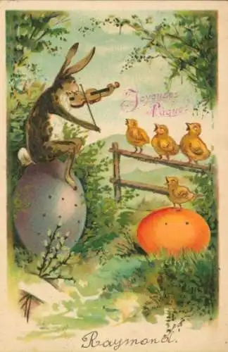 Präge Litho Glückwunsch Ostern, Osterhase spielt Geige, Ostereier, Küken