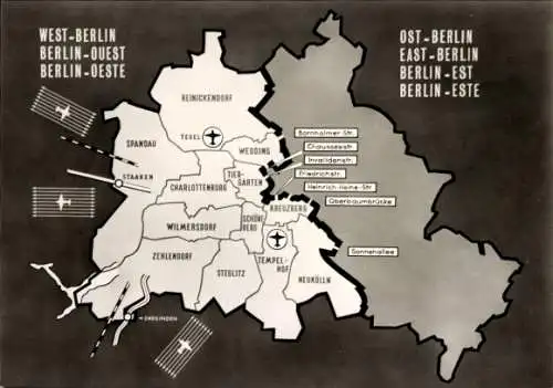 Stadtplan Ak Berlin, Übersichtskarte mit Trennmauer, Übergangsstellen, Innerdeutsche Grenze