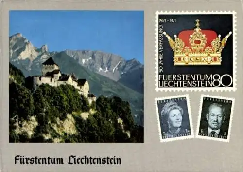 Briefmarken Ak Vaduz Liechtenstein, Schloss Vaduz, 50 Jahre Verfassung 1921-1971, Fürstenpaar