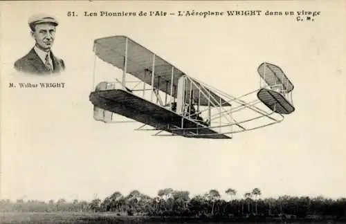 Ak L'Aeroplane Wright dans une virage, Wilbur Wright, Flugpionier