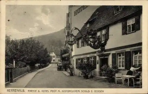 Ak Bad Herrenalb im Schwarzwald, Hotel Post m. Historischem Schild z. Ochsen