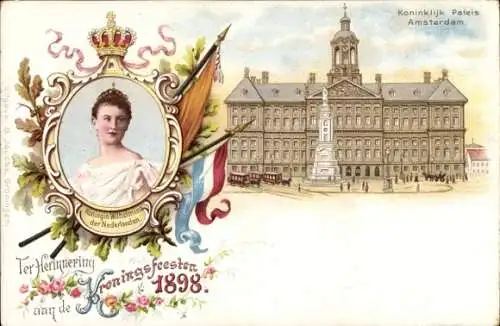 Litho Amsterdam Nordholland Niederlande, Königin Wilhelmina, Könungsfest 1898, Palast