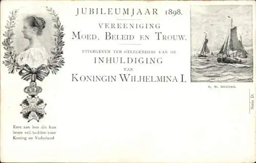 Ganzsachen Ak Amtseinführung Königin Wilhelmina, Porträt, Segelschiffe
