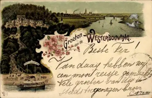 Litho Westerbouwing Oosterbeek Gelderland, Panorama, Eisenbahnbrücke, Café Restaurant