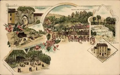 Litho Valkenburg Limburg Nederland, ruïnes van Valkenburg, Roswoning, Wasserfall