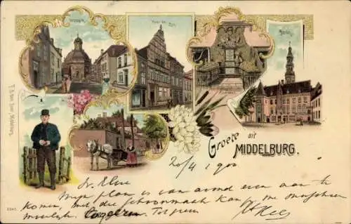 Litho Middelburg Zeeland Nederland, Breestraat met Oostkerk, Huis De Sonne, Abdij