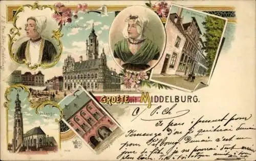 Litho Middelburg Zeeland Niederlande, Stadhuis, De lange Jan, Abdy poort, Steenrots