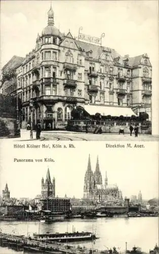 Ak Köln am Rhein, Hotel Kölner Hof, Stadtpanorama, Schiffbrücke